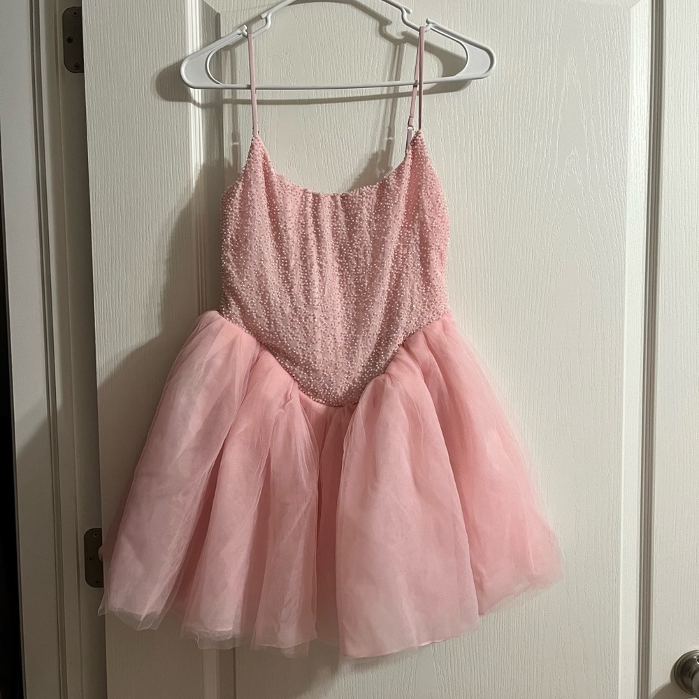 Oh Polly Embellished Corset Tulle Skirt Mini Dress in Blush